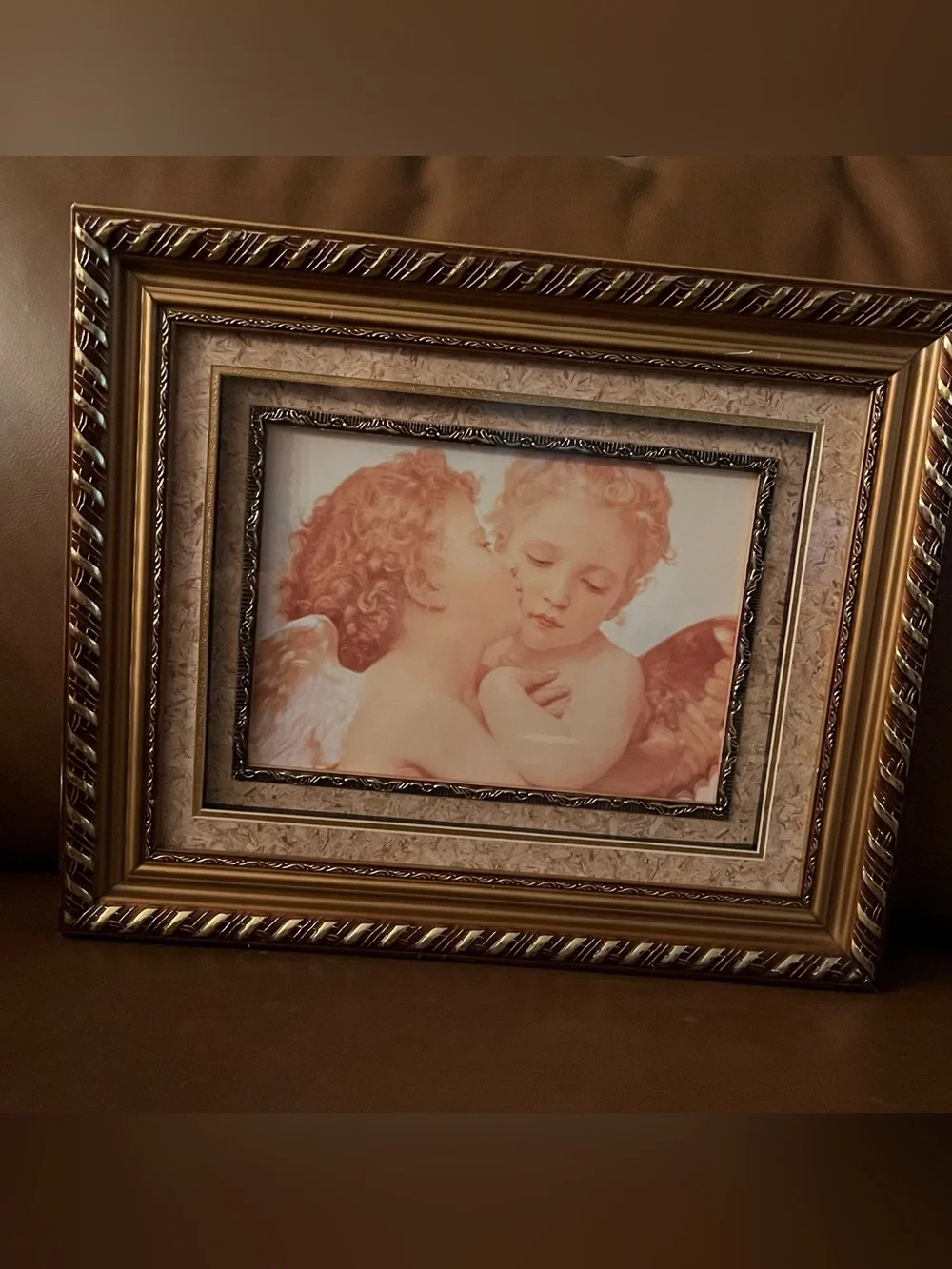 Vtg Framed “First Kiss” Cherub Print by William Bouguereau